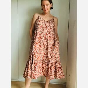 Gap Womens Sun Dress Size Lrg Floral Print Midi Demure Feminine Bohemian pockets
